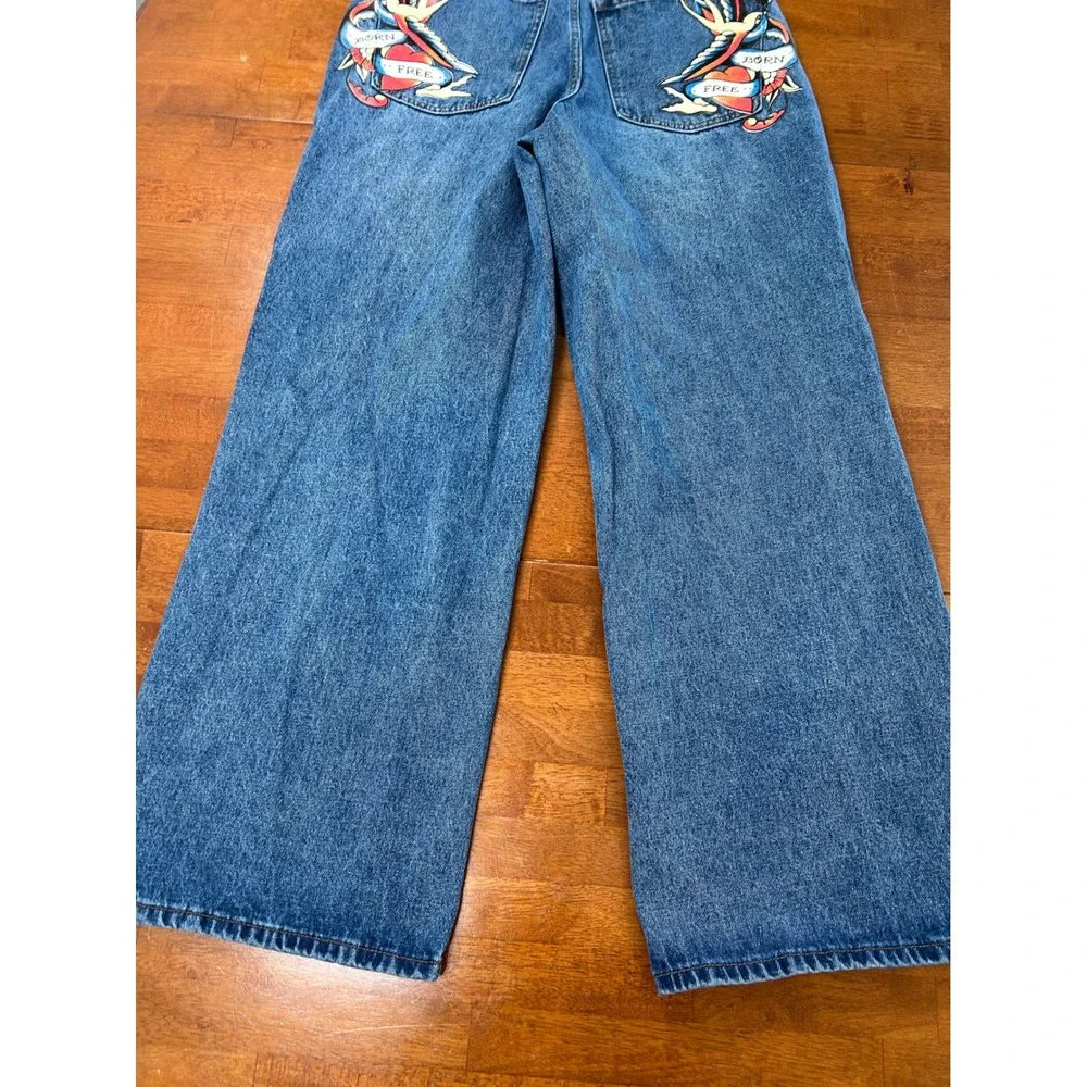 Vintage Ed Hardy Wide Leg Jeans Mens 30 Blue Graphic Tattoo Baggy Denim Y2K